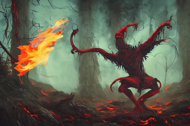 Image similar to Worm God of Fire Erupting from the Ground in an Alpine Forest, illustration, unsettling, cinematic lighting