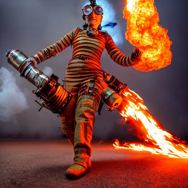 Image similar to full length photo of a beautiful atompunk warrior with a flamethrower, 8 k, hdr, smooth, sharp focus, high resolution, award - winning photo