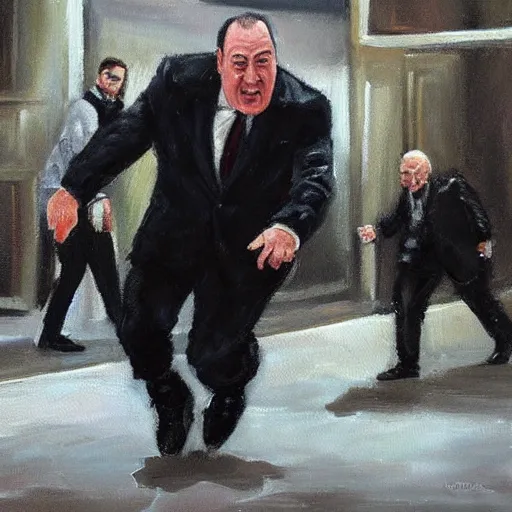 Prompt: highly detailed oil painting of Paul Heyman running away from a white bar of soap