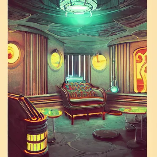 Image similar to beautiful Peter Mohrbach and tyler edlin highly detailed illustration of an underwater art deco lounge. bioshock, rapture, trending on artstation