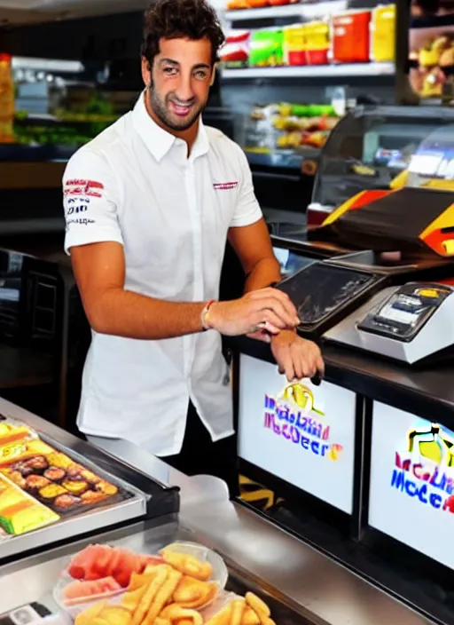 Image similar to photo of f 1 driver, daniel ricciardo, working as a cashier at mcdonalds