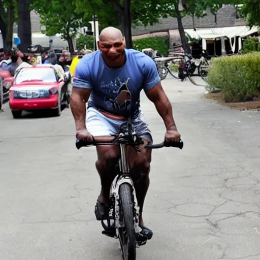 Image similar to mike tyson riding an extremely tiny bike