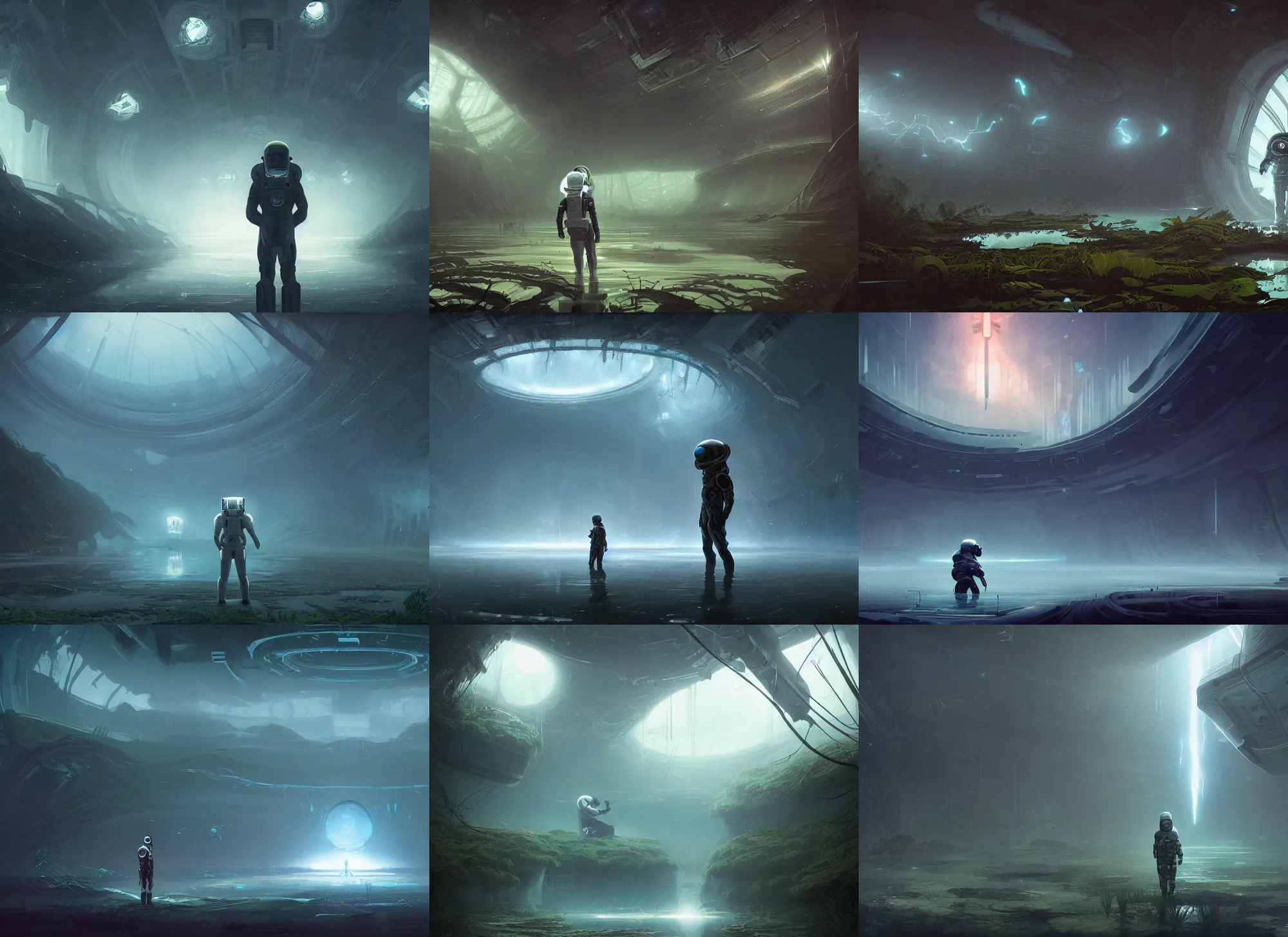 Prompt: Mattepainting an futuristic astronaut in an empty dark flooded ballroom overgrown with aquatic plants, by Noah Bradley and Andreas Rocha and Brian Sum and Makoto Shinkai. Dark and foreboding, Lightning from above, scary atmosphere