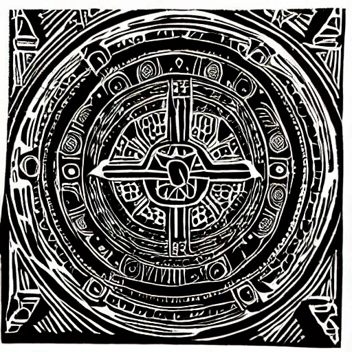 Image similar to aztec mandala, woodcut