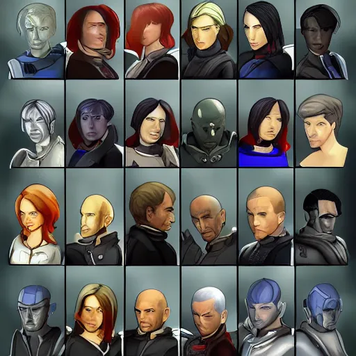 Prompt: Mass Effect character portraits in the style of Tactics Ogre character portraits