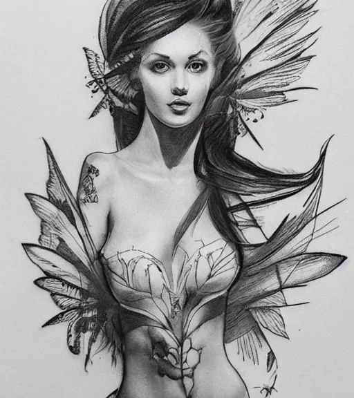 Image similar to tattoo design sketch of an extremely beautiful woman with a background of beautiful mountains on her side, hyper - realistic, double exposure effect, in the style of den yakovlev, amazing detail, black and white, faded