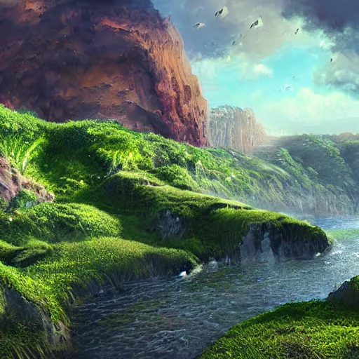 Image similar to digital art of a lush natural scene on an alien planet by dangiuz. extremely detailed render. beautiful landscape. weird vegetation. cliffs and water.