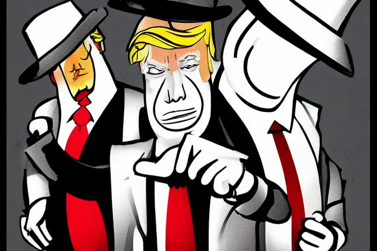 Image similar to 2 d poster illlustration donald trump and donald trump wearing trenchcoats and black spy hats for the movie spy vs spy