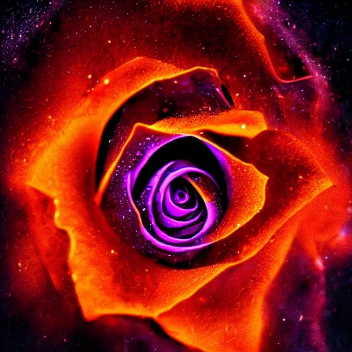 Image similar to award - winning macro of a beautiful black rose made of molten lava and nebulae on black background by harold davis, highly detailed, inner glow, trending on deviantart, artstation and flickr, nasa space photography, featured on national geographic