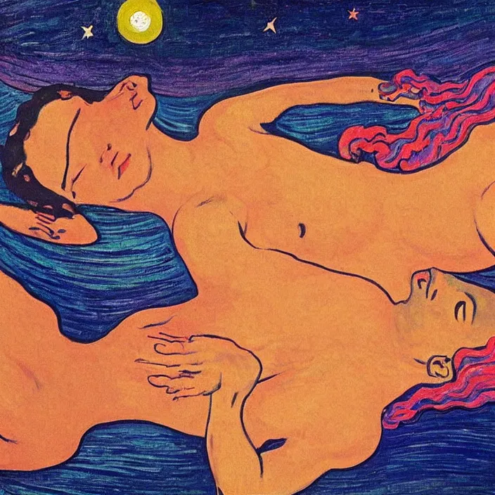 Image similar to close view of woman and man kissing. tsunami great wave, night with stars. iridescent, vivid psychedelic colors. painting by munch, rene magritte, felix vallotton, agnes pelton, egon schiele, henri de toulouse - lautrec, utamaro, monet