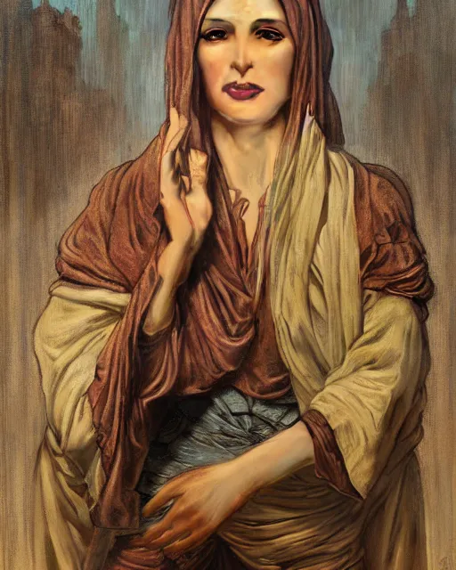 Prompt: portrait of 4 0 - year - transwoman prophet muhammad, clear face, pointed face and sensual eyes, hyper realistic face, beautiful lips, fantasy art, in the style of greg rutkowski, intricate, alphonse mucha, hyper detailed, smooth