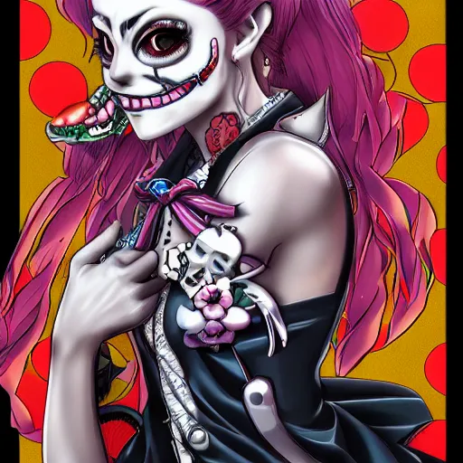 Prompt: portrait of a anime manga happy smiley Joker girl skull face detailed highres 4k by Trevor Brown pop art nouveau