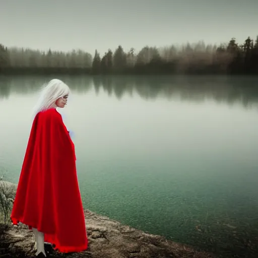 Image similar to beautiful lady with white long hair and dressed with a red victorian cloak, standing in a lake, mist, morning light, dreamy atmosphere, cinematic