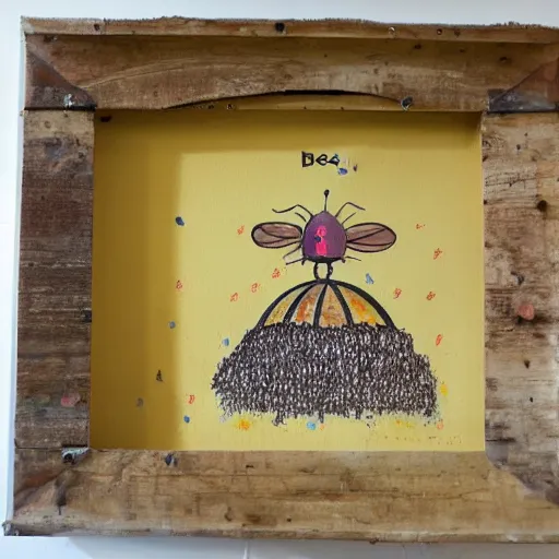 Prompt: a beehive-frame that has been painted on by children,