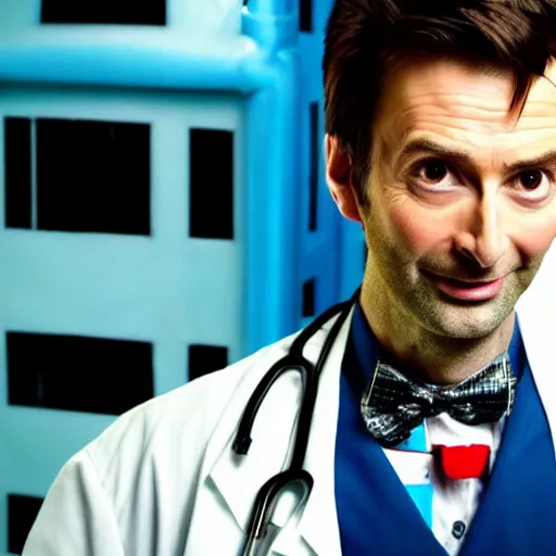 Image similar to closeup promotional image of an David Tennant as Doctor Who at a polka dance-off contest at the YMCA basketball gym, around the gym everyone is cheering, in the background the Tardis door is wide open to the interior, frenetic, quirky, movie still, promotional image, imax, digital art, hyper detailed, sharp focus, f8