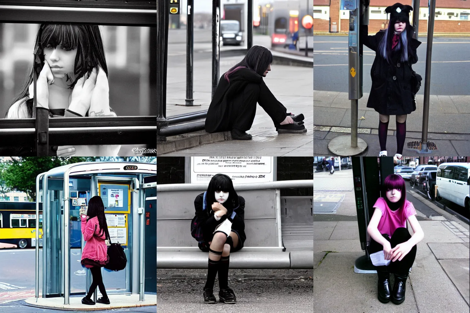 Prompt: An emo girl at a british bus stop in 2006