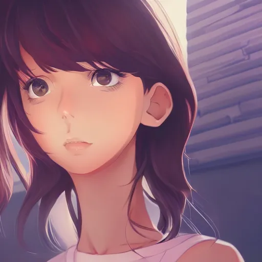 Image similar to a beautiful woman with a hime haircut, dark brown hair and tan skin, dark brown eyes, city landscape, 4k, anime key visual, lois van baarle, ilya kuvshinov, rossdraws, artstation