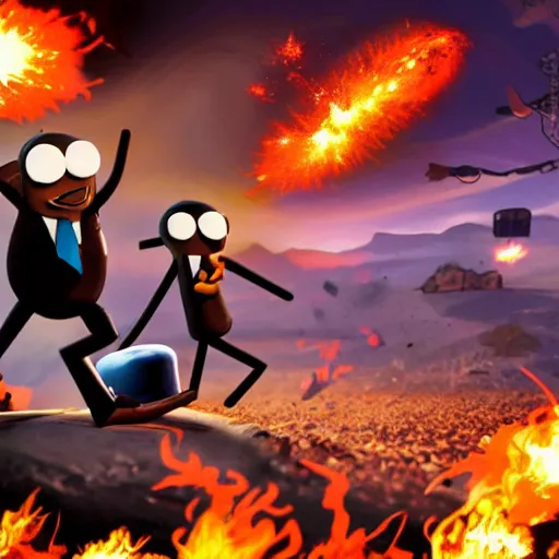 Image similar to poster of the game with the stickman figurine and with explosions on the background, cartoon, newgrounds cartoon