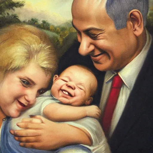 Prompt: a painting of benjamin netanyahu smiling as a baby being held by his parents, by caspar david