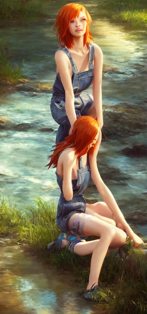 Image similar to southern ginger woman in ripped overalls sitting beside a river, airbrushed, hazy, gentle, soft lighting, wojtek fus, by makoto shinkai and ilya kuvshinov,