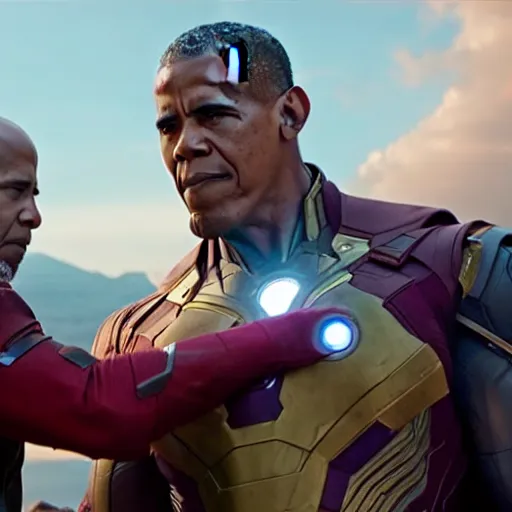 Prompt: a still film of avengers infinity war, obama shaking hands with thanos, 8K, HD