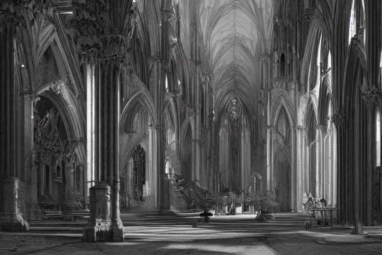 Prompt: a black and white photo of a gothic church, a matte painting by edwin deakin, cgsociety, gothic art, matte drawing, matte painting, gothic