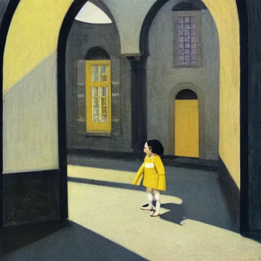 Image similar to a distant little girl with short black hair and wearing a yellow coat alone in the inner courtyard of an abbey, the light is bright and wintry, painting by hopper and de chirico