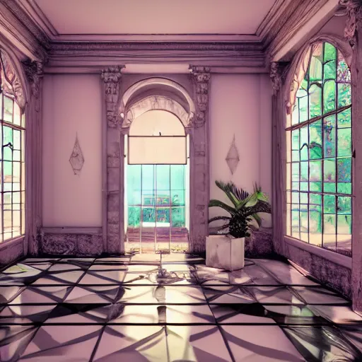 Prompt: vaporwave mansion, liminal space, high detail, rendered in unreal engine, 3d render, god rays, volumetric lighting, large windows, baroque, vegetation