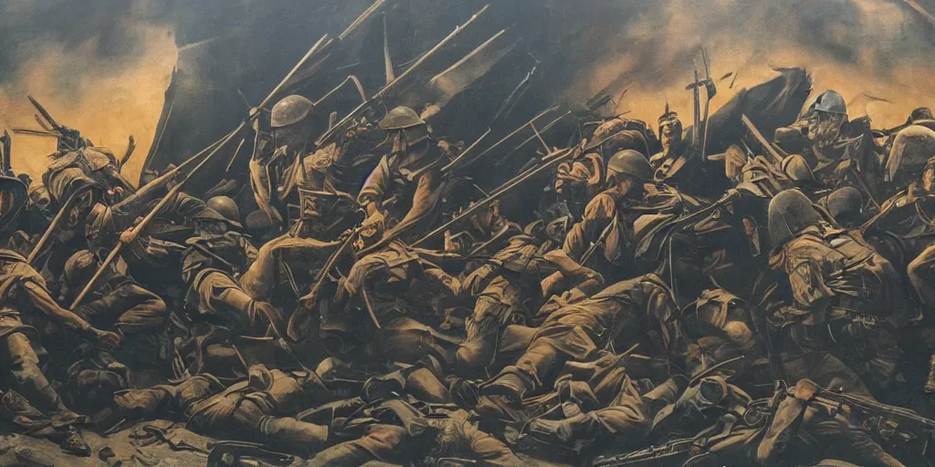 Image similar to a mural depicting war, dark colors, a sense of difficulty, heroic, epic