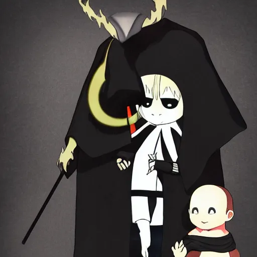 Image similar to mazoku, pale - skinned demon boy, yokai boy wearing vantablack cloak, vantablack cape, darkest black possible, zero depth black