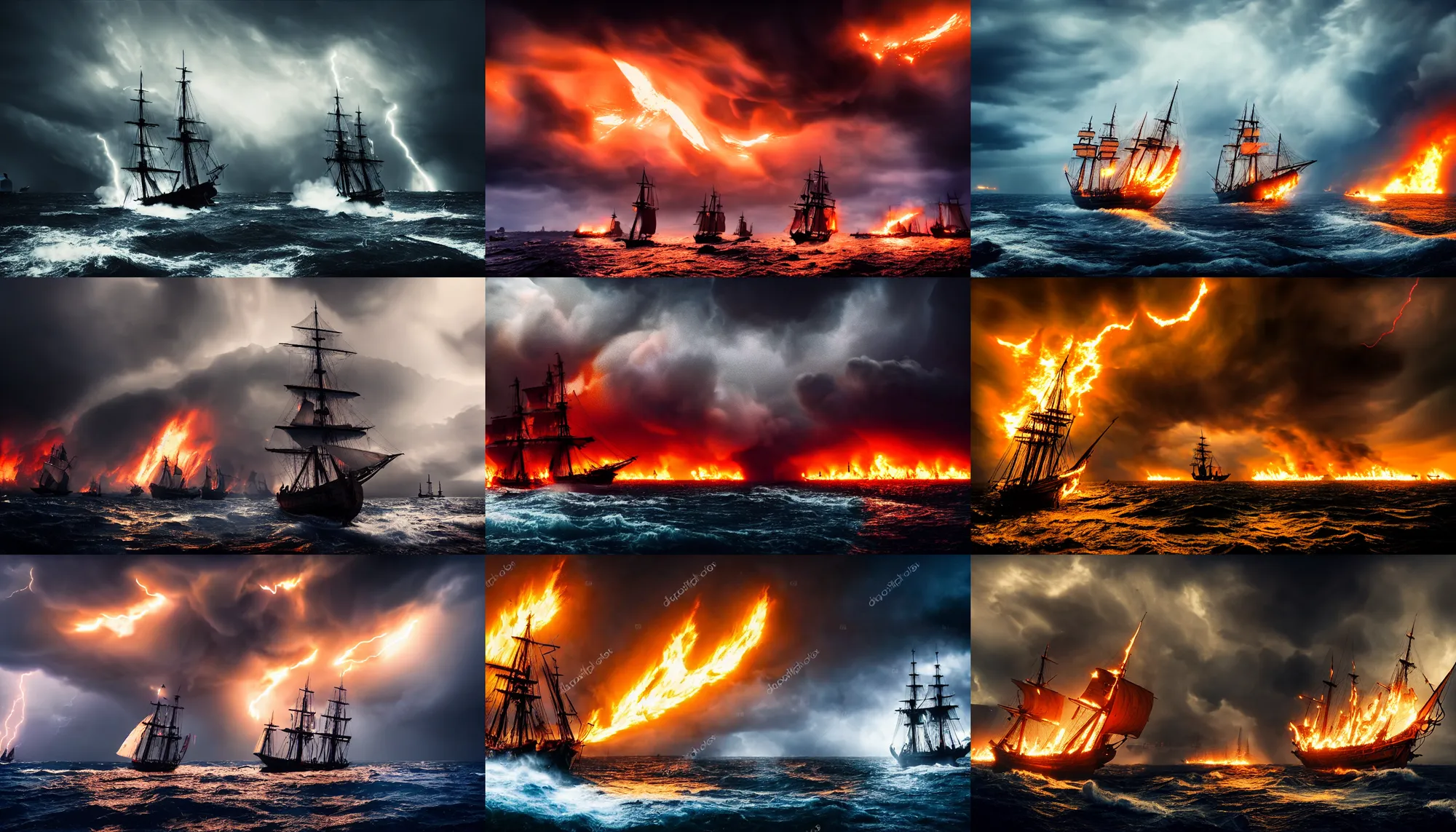 Prompt: old sail ships in battle on fire in big dark storm, epic composition, 8 k, beautiful cinematic light