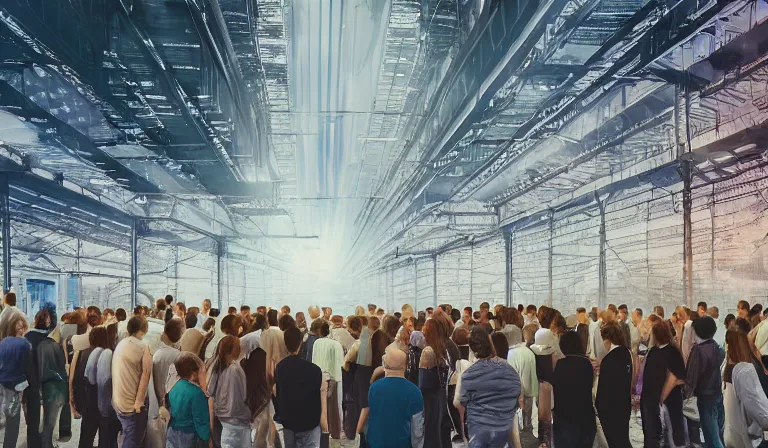 Image similar to large group people in a frame warehouse, looking at hologram of futuristic city on a table, cinematic concept art, godrays, golden hour, natural sunlight, 4 k, clear details, tabletop model buildings, center tabletop model, hologram center, crane shot, crane shot, crane shot