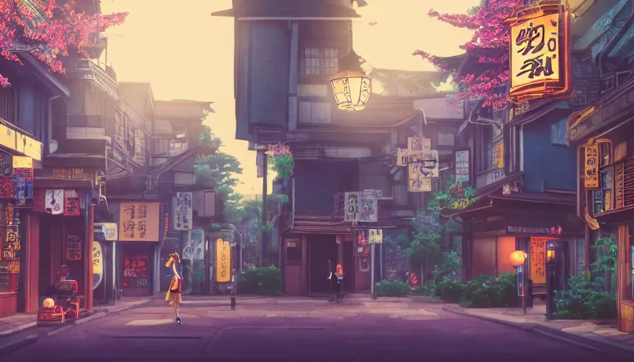 Image similar to A film still from a 1990s Sailor Moon cartoon tv show featuring a moody street in Japan with a waterfall and lanterns, lofi aesthetic, magical, golden hour, cinematic look, film grain, high detail, high resolution, 8k