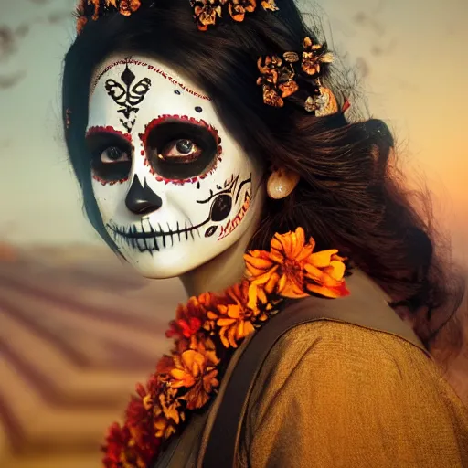 Image similar to photo portrait of a beautiful day of the dead female, depth of field, zeiss lens, detailed, symmetrical, centered, by edward robert hughes, connor hibbs, annie leibovitz and steve mccurry, david lazar, jimmy nelsson, breathtaking, 8 k resolution, extremely detailed, beautiful, establishing shot, artistic, hyperrealistic, beautiful face, octane render