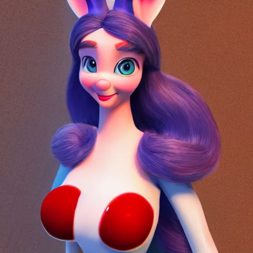 Prompt: detailed photo of a young woman who is a mix between Judy Hopps (human version) and Jessica Rabbit
