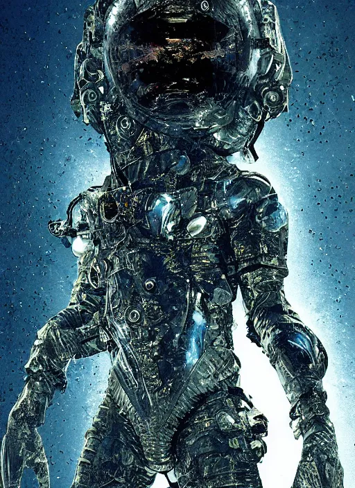 Image similar to astronauts in dark and empty void underwater - complex and hyperdetailed technical suit. reflection and dispersion materials. rays and dispersion of light. volumetric light. 5 0 mm, f / 3 2. noise film photo. flash photography. ultra realistic, wide angle. poster by wayne barlowe, hajime sorayama aaron horkey, craig mullins