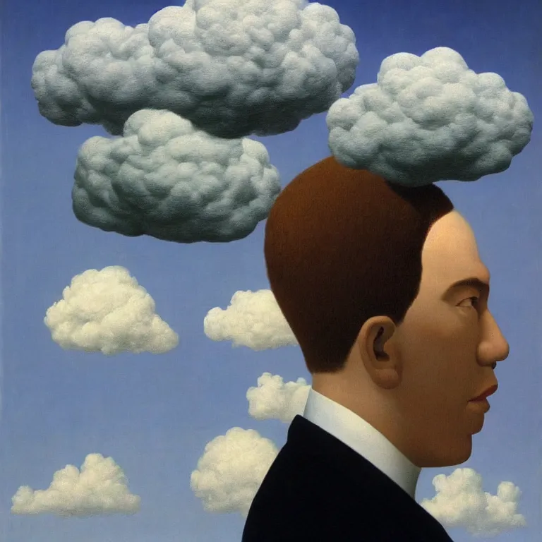Prompt: portrait of a cloud head man, by rene magritte, centered, detailed painting, hd, hq, high resolution, high detail, 4 k, 8 k