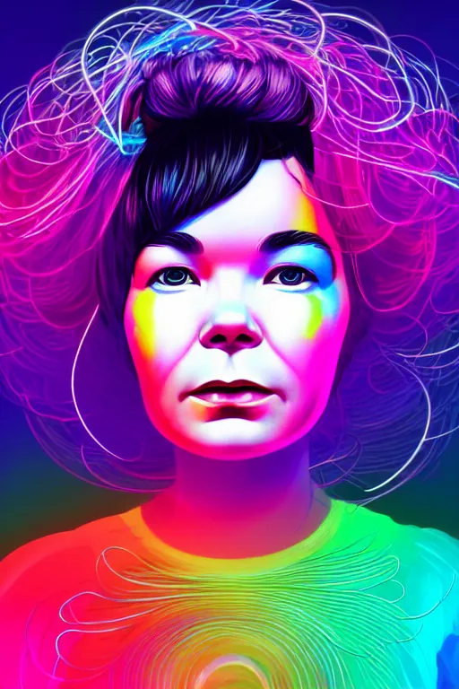 Image similar to a award winning portrait of the musician bjork, beautiful woman with stunning eyes in a one off shoulder croptop and cargo pants with rainbow colored hair, outlined by whirling illuminated neon lines and fine lines swirling in circles by ilya kuvshinov, digital art, trending on artstation