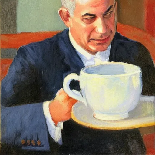 Prompt: a painting of benjamin netanyahu drinking tea by ancher, anna n - 4