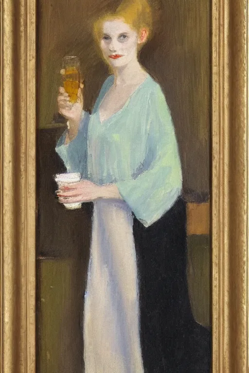 Prompt: portrait of a young woman with blonde hair, wearing a kaftan, drinking milk, by charles hawthorne