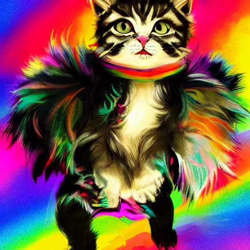 Image similar to wide angle full body, jacket wearing fluffy cute rainbow kitten wearing a black leather motorcycle jacket, cinematic concept art