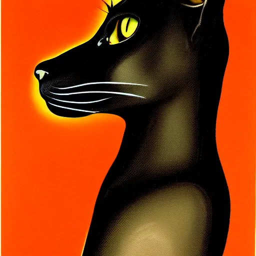 Image similar to portrait of woman with a black cat, confident pose, night, art by peter lloyd, 1 9 8 0's art, retro art airbrush style, art by hajime sorayama,, intricate, elegant, sharp focus, illustration, highly detailed, concept art, matte, sharp focus, illustration, highly detailed, concept art, h 6 4 0