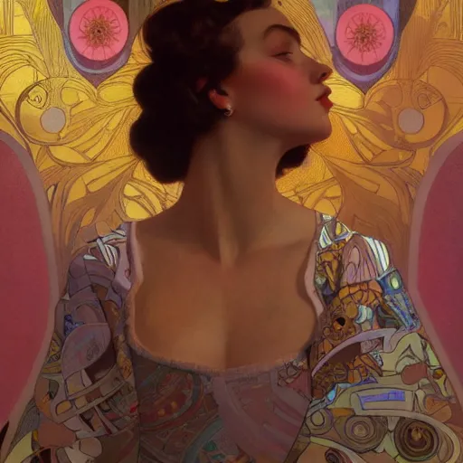 Image similar to modern woman | hyperrealistic | digital painting | trending on artstation | pinup portrait | clean | illustration | dressed | Unreal Engine 5 | 8k resolution | by Greg Rutkowski Alphonse Mucha Gustav Klimt and Mel Ramos