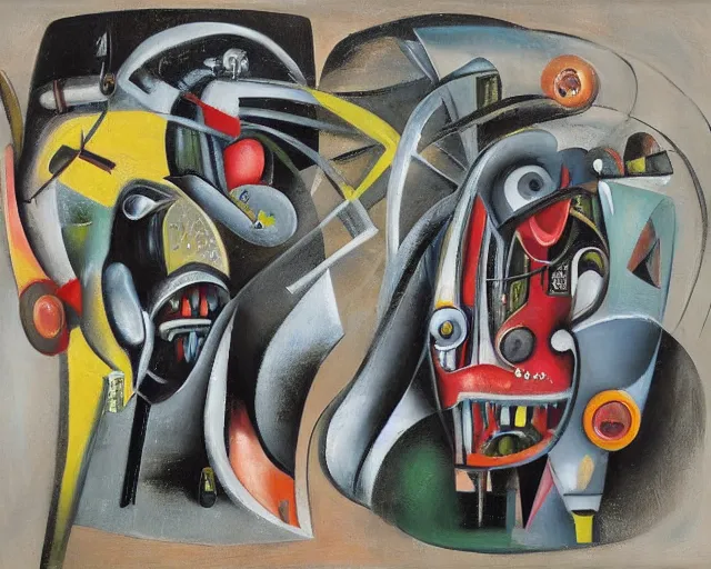 Prompt: Oil painting by Roberto Matta. Two mechanical gods with animal faces having a conversation. Oil painting by Yoshitomo Nara.