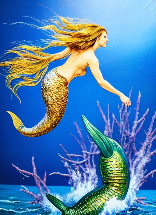 Image similar to mermaid jumping on a starfish, realistic, sharp focus, 8 k high definition, concept art, insanely detailed, intricate, elegant