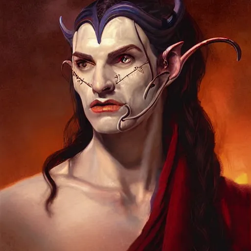 Prompt: Facial portrait of a tiefling bard, looking at the camera, slight awkward smile, lips slightly parted, no hands visible, blushing, intricate, extremely detailed painting by Greg Rutkowski and by Henry Justice Ford and by Steve Henderson