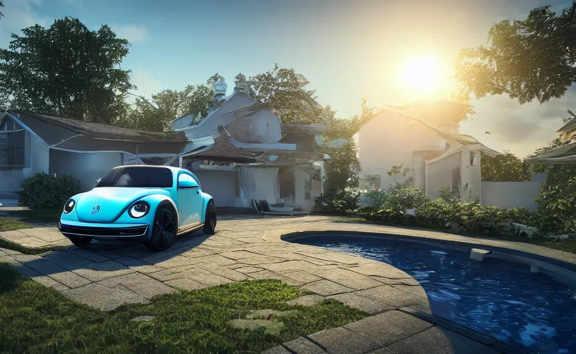 Image similar to a vw beetle parked near a modern small house with a pool at sunrise, concept art, octane render, unreal engine 5, trending on artstation, high quality, highly detailed, 8 k, soft lighting, path traced, godrays, lens flare, hyperrealistic, symmetrical, low contrast, digital art, beautiful, elegant