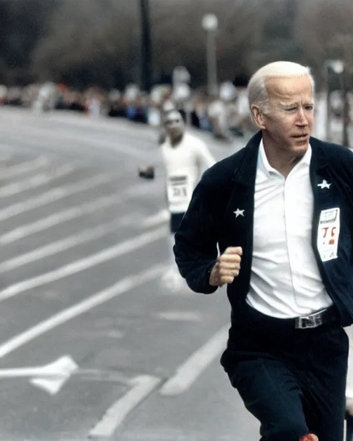 Image similar to film still close - up shot of joe biden running a marathon. photographic, photography