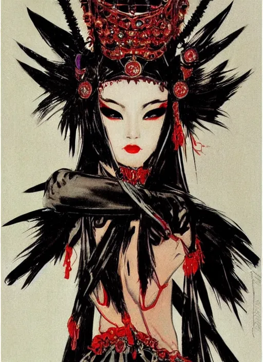 Image similar to female korean vampiress, jeweled headdress, heavy mascara, strong line, saturated color, beautiful! coherent! by frank frazetta, high contrast, minimalism