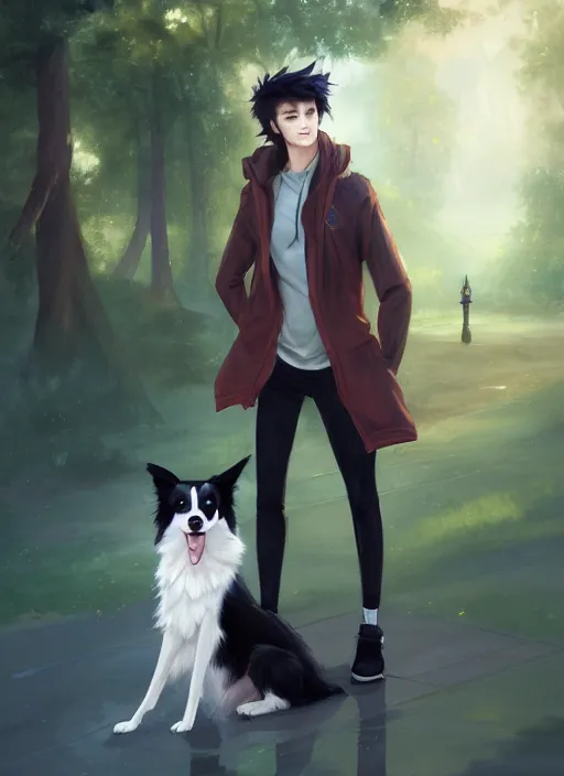 Image similar to full body digital painting of a cute male anthropomorphic border collie fursona wearing a jacket in front of a park, by charlie bowater, henry asencio, and ross tran, furaffinity, scenic background, intricate, elegant, beautiful, fantasy, highly detailed, trending on artstation